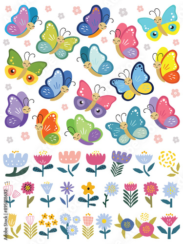 Summer smiling butterflies, flowers. Hand drawn cute cartoon summer characters isolated on white background. Color insect clipart. Baby shower design elements. Party invitation, birthday celebration