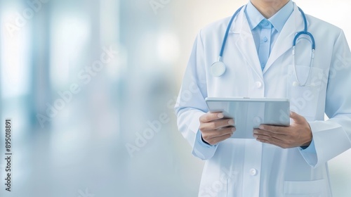 A doctor is holding a tablet in front of a white background