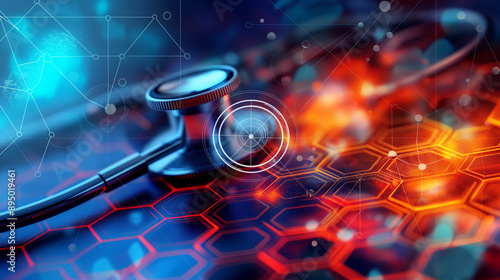 Stethoscope and futuristic medical technology background. Generative AI	