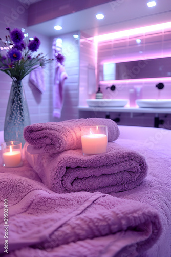 lumière violette, violet, ambiance spa zen, fleurs et bougies, cocooning, bien être, relaxation, centre de bien être, salle de bain miroir, serviettes roulées photo