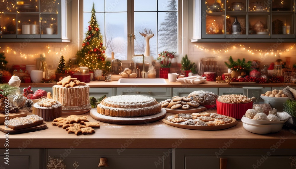 Holiday Baking Scene- A kitchen filled with festive baked goods like cookies, gingerbread Holiday Baking Scene- A kitchen filled with festive baked goods like cookies, gingerbread