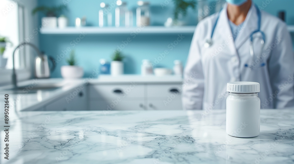 Close-up of a white pill bottle in a modern laboratory with a doctor in the background. Copy space. Generative AI Close-up of a white pill bottle in a modern laboratory with a doctor in the background. Copy space. Generative AI