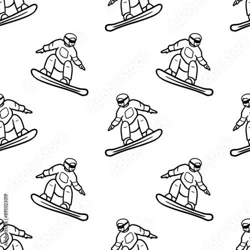 Snowboard  sportsman seamless pattern. Hand drawn background with sportsman.	
