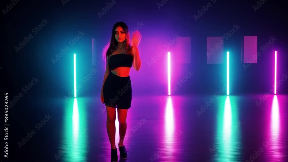 Posing in a studio, a brunette fashion model is surrounded by vibrant neon lights. Posing in a studio, a brunette fashion model is surrounded by vibrant neon lights.