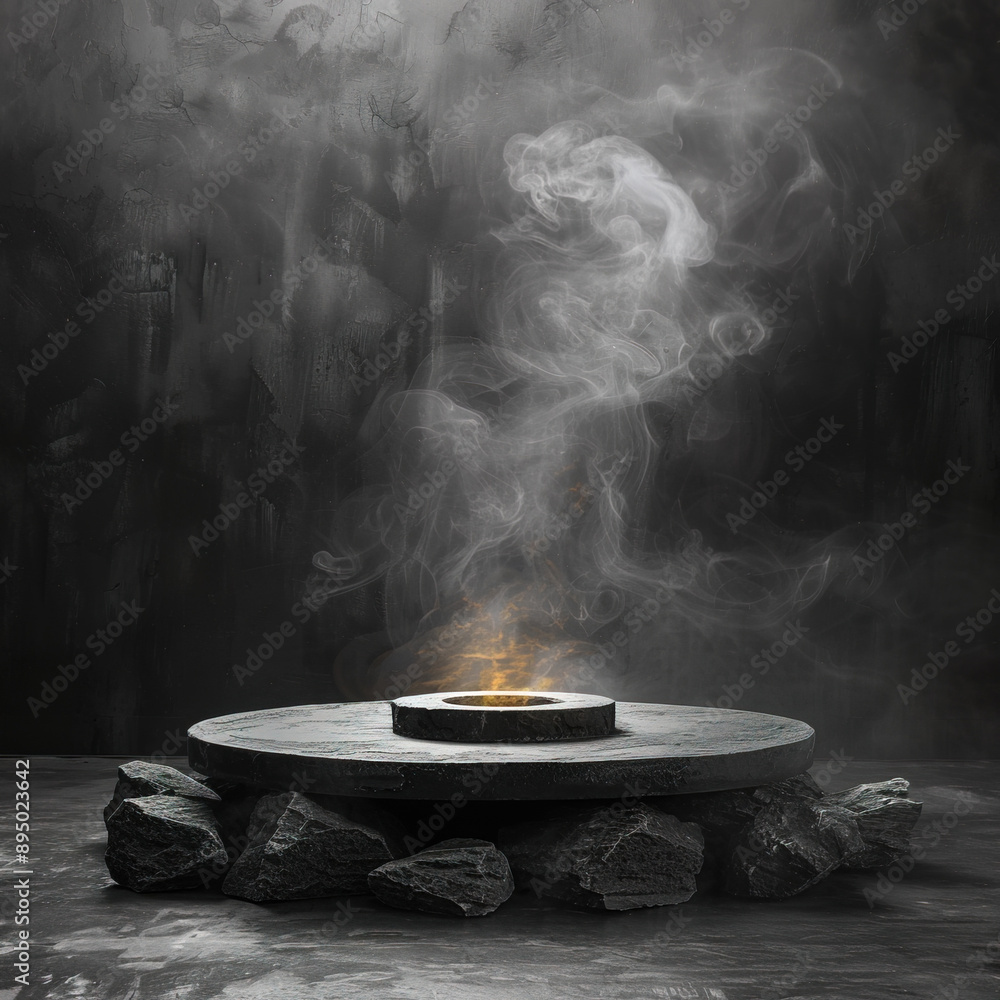 Podium black dark smoke background product platform abstract stage texture fog spotlight. Dark black floor podium dramatic empty night room table concrete wall scene place display studio smoky dust Podium black dark smoke background product platform abstract stage texture fog spotlight. Dark black floor podium dramatic empty night room table concrete wall scene place display studio smoky dust