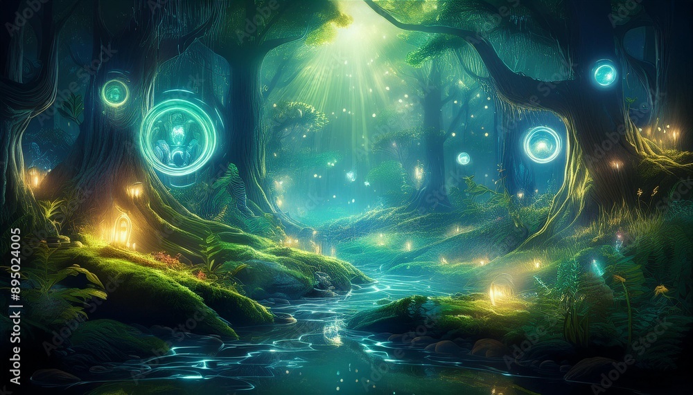 Fototapeta premium Ethereal Forest Spirits- A mystical forest inhabited by ethereal spirits, glowing softly