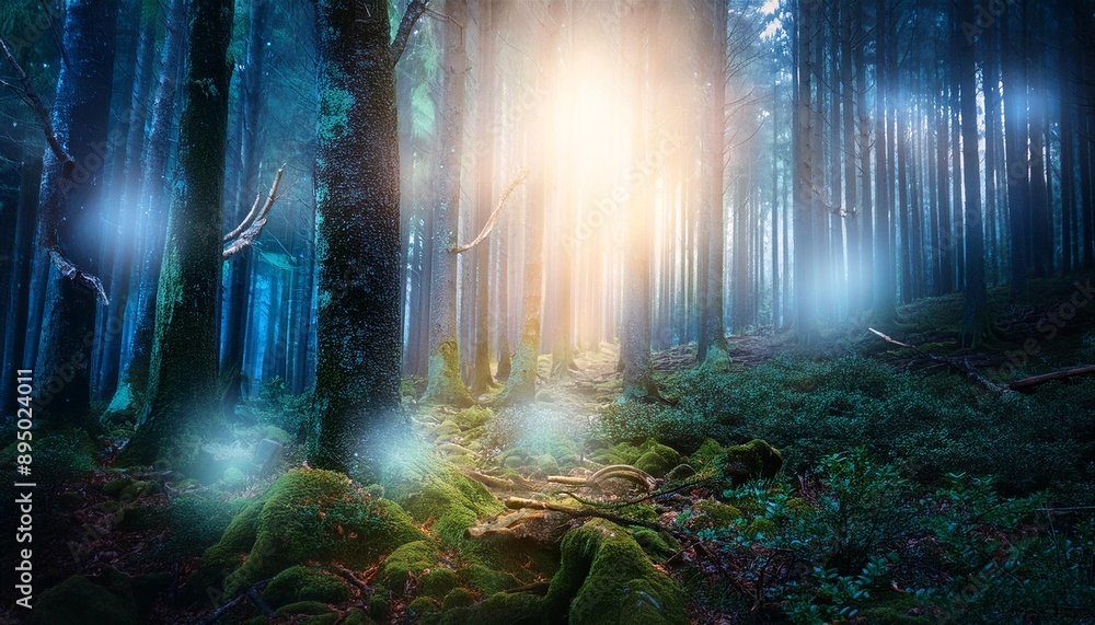Fototapeta premium Ethereal Forest Spirits- A mystical forest inhabited by ethereal spirits, glowing softly