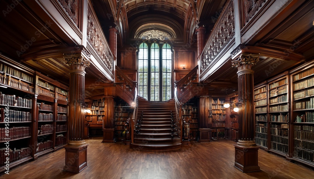 Old Library Interior- A grand and historic library interior with towering bookshelves Old Library Interior- A grand and historic library interior with towering bookshelves