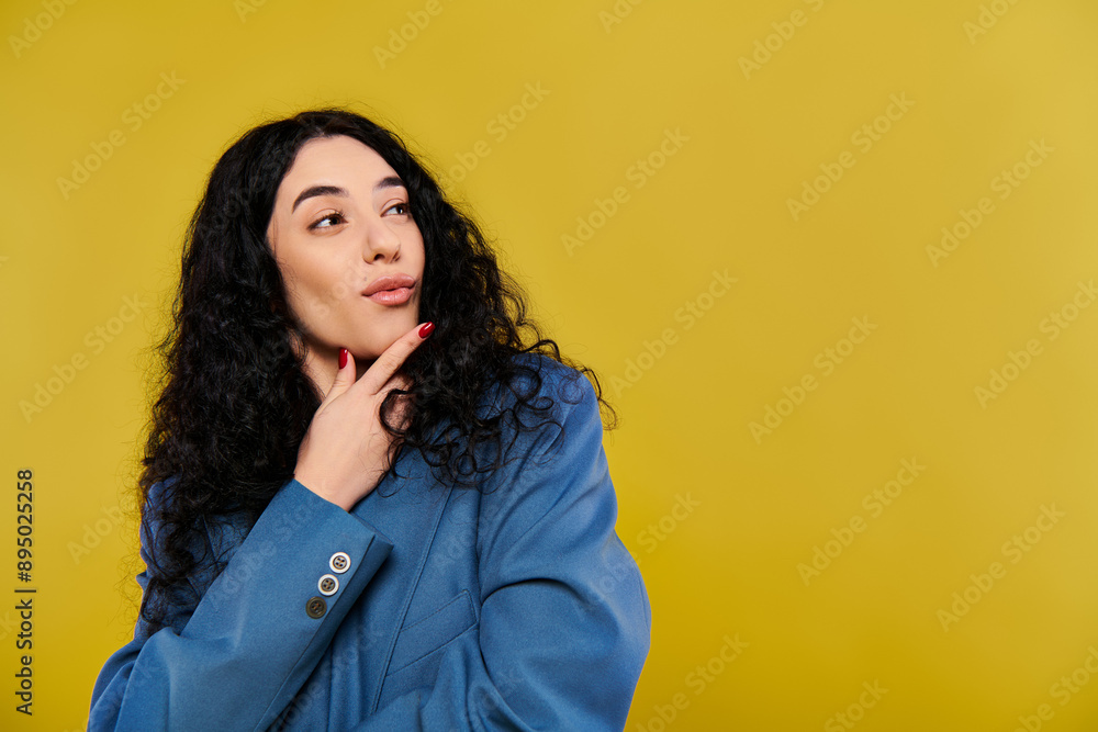 A young, curly-haired woman in a blue jacket exudes elegance and emotion as she poses in a studio with a yellow background. A young, curly-haired woman in a blue jacket exudes elegance and emotion as she poses in a studio with a yellow background.