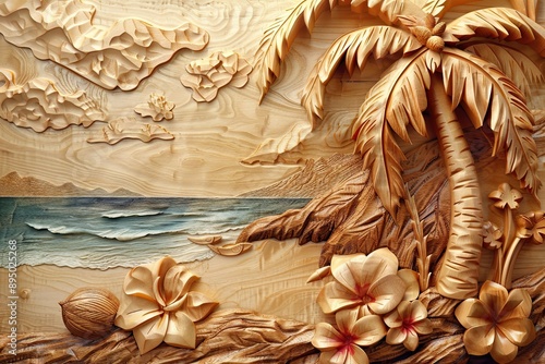 3D wood carving image of tropical flowers and coconut trees on beach background  © aminsmart