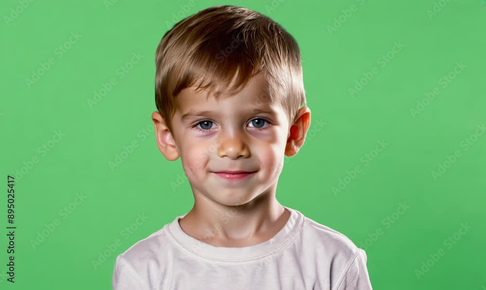 A portrait of a smiling little boy on a green background in the studio. A portrait of a smiling little boy on a green background in the studio.