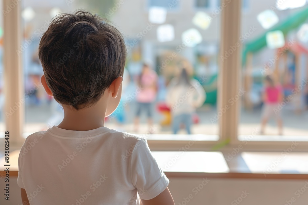 A 5-year-old boy with dark hair in a white t-shirt gazes out a window in a kindergarten room, observing children playing outside in daylight A 5-year-old boy with dark hair in a white t-shirt gazes out a window in a kindergarten room, observing children playing outside in daylight