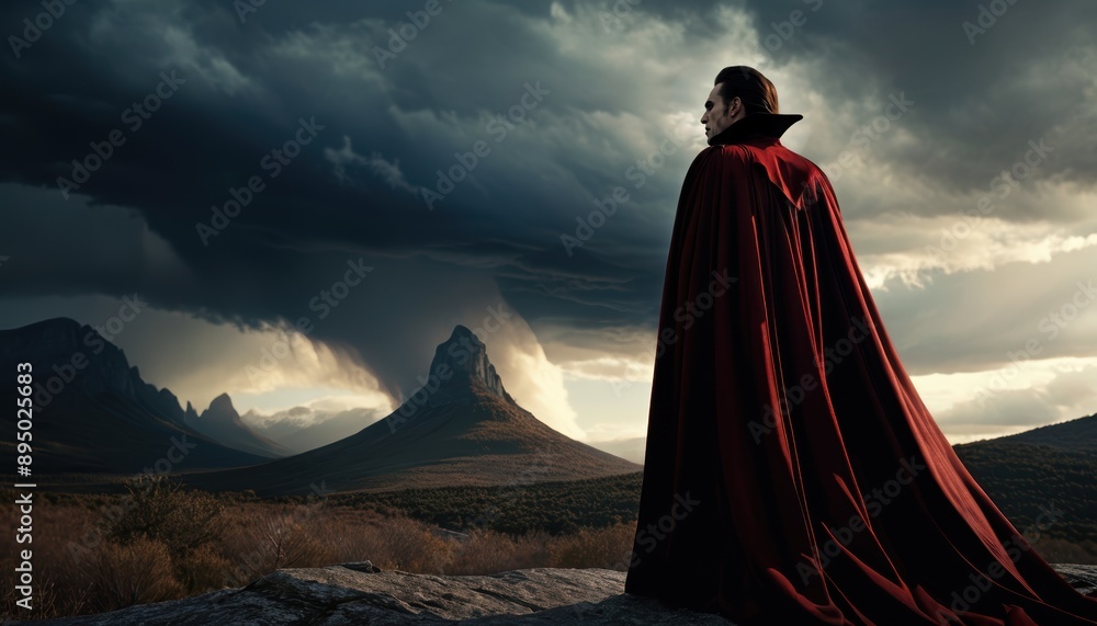 Halloween, A Silhouette of a Man in Red Robe and Cloak Facing the Mountains at Sunset/Dawn with Lightning behind him. Halloween, A Silhouette of a Man in Red Robe and Cloak Facing the Mountains at Sunset/Dawn with Lightning behind him.