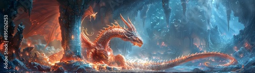 Wallpaper Mural Enchanted Dragon Guardian in Glowing Cavern - Fantasy Digital Painting of Dragon Protecting Ancient Treasures in Cave Torontodigital.ca