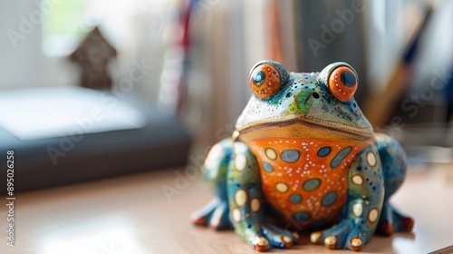 A vibrant wooden toad figurine sits on a desk, ready to oversee the day's tasks photo