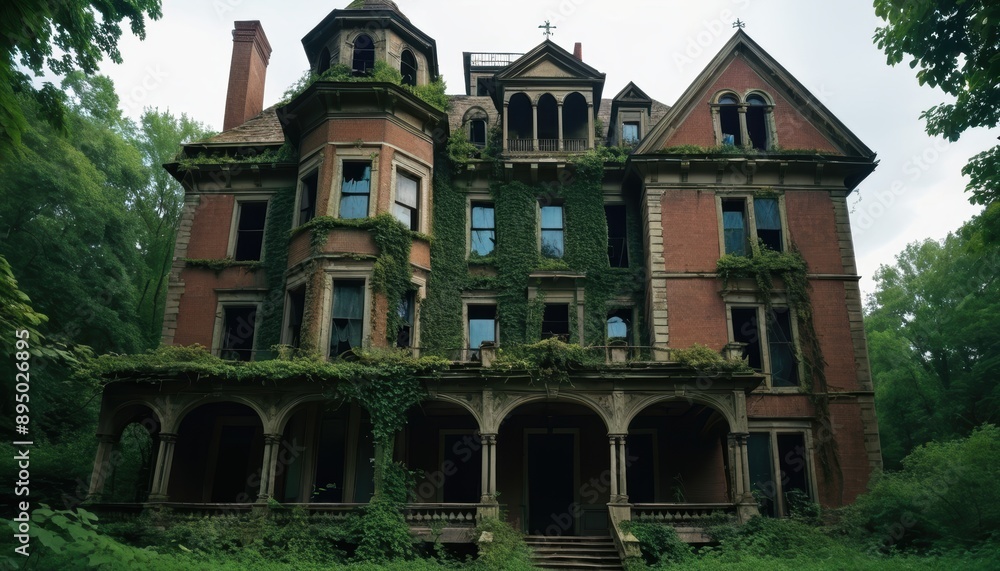Halloween, Old House with Vines, Greenery and Mossy Windows Halloween, Old House with Vines, Greenery and Mossy Windows