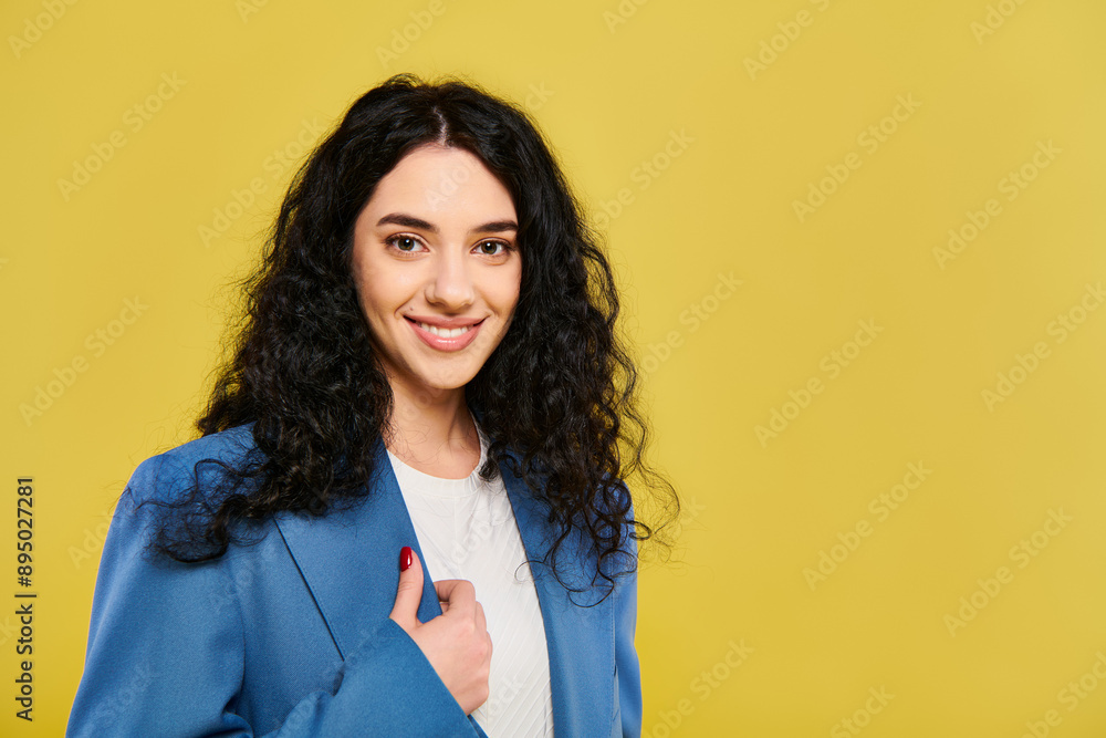 A brunette woman in a blue jacket and white shirt poses elegantly, expressing various emotions, against a vibrant yellow backdrop. A brunette woman in a blue jacket and white shirt poses elegantly, expressing various emotions, against a vibrant yellow backdrop.