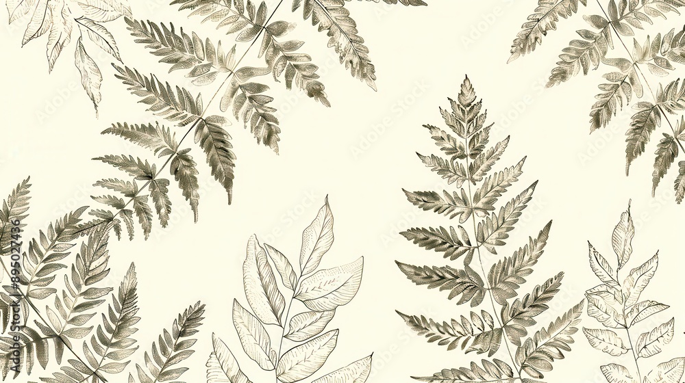 Detailed sketch of fern leaves on a cream background. Leaves delicately outlined with a thin line create a subtle, elegant pattern on a light background. Detailed sketch of fern leaves on a cream background. Leaves delicately outlined with a thin line create a subtle, elegant pattern on a light background.
