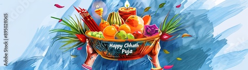 illustration of Happy Chhath Puja Holiday background for Sun festival of India.vector photo