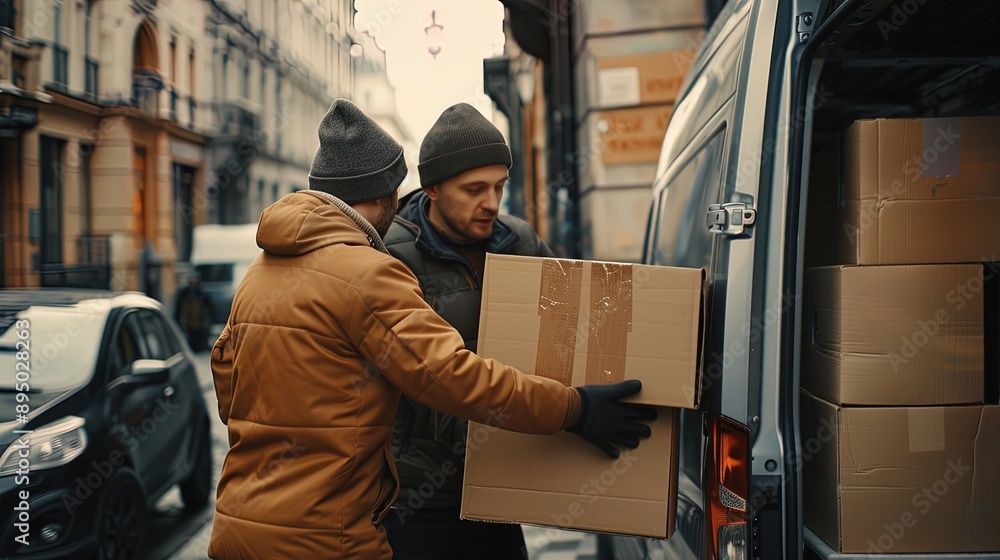 Two men unloading cardboard boxes from delivery van Two men unloading cardboard boxes from delivery van