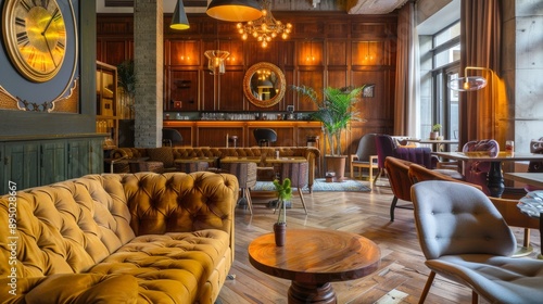 LONDON, UNITED KINGDOM- DECEMBER 30, 2017: Interior design and decoration of 'The Pilgrm hotel' near Paddington underground station decorated with wooden furniture and suede leather couch- England, UK
