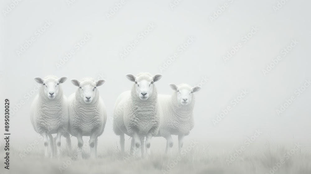 Fototapeta premium Four white sheep standing in a field