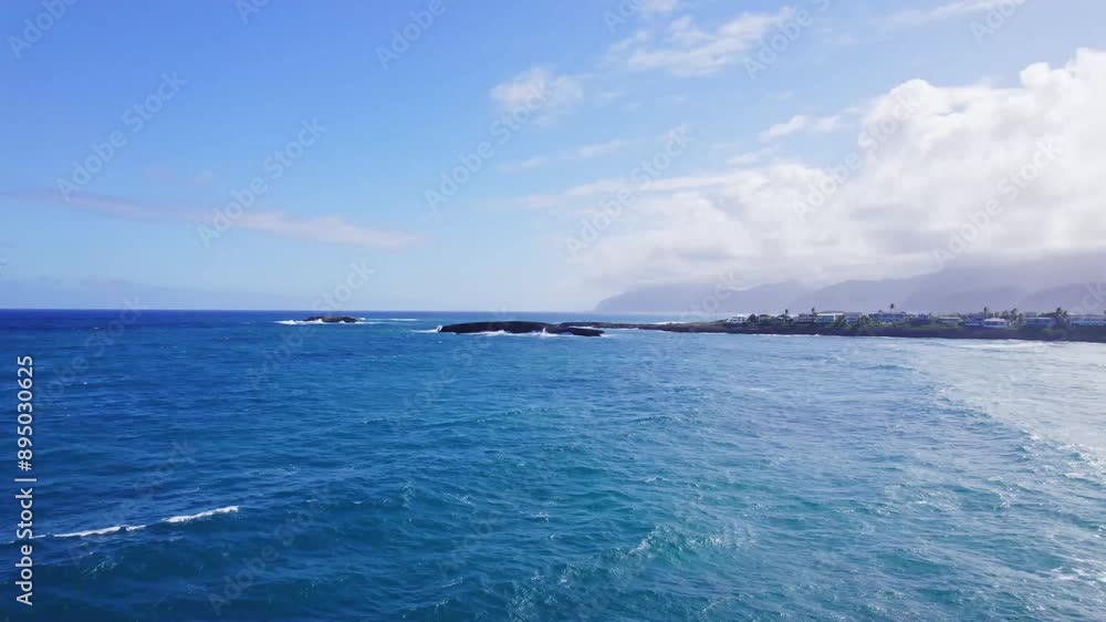 A stunning view of the expansive ocean horizon under a clear blue sky, with distant waves breaking near the shoreline. The coastal landscape fades into the misty mountains, A stunning view of the expansive ocean horizon under a clear blue sky, with distant waves breaking near the shoreline. The coastal landscape fades into the misty mountains,