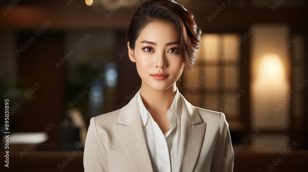 Korean woman profile photo with glowing skin, wearing formal clothes. She has natural makeup, well-groomed hair. Korean woman profile photo with glowing skin, wearing formal clothes. She has natural makeup, well-groomed hair.