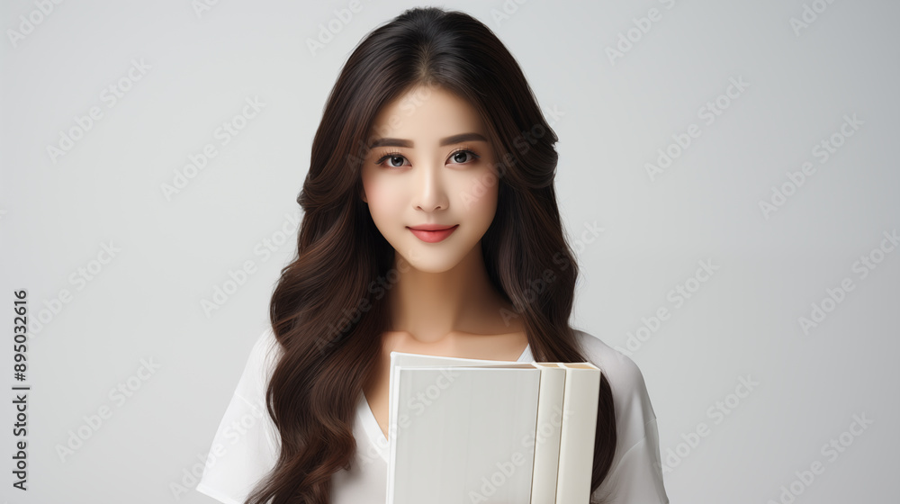 Medium shot of a beautiful korean woman profile photo with long hair, smiling, glowing skin, wearing a white shirt, holding a book, on a white background Medium shot of a beautiful korean woman profile photo with long hair, smiling, glowing skin, wearing a white shirt, holding a book, on a white background