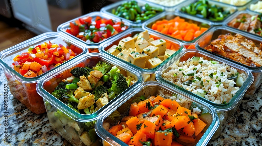 A vibrant assortment of healthy meal prep containers filled with fresh vegetables, proteins, and grains for nutritious eating. A vibrant assortment of healthy meal prep containers filled with fresh vegetables, proteins, and grains for nutritious eating.