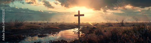 A reflective Holy Saturday scene with a cross in solitude under soft evening light, embodying the anticipation of resurrection, suitable for religious events and spiritual contemplation. photo