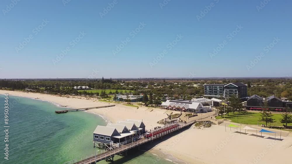 Busselton Jetty aerial view looking over beachfront Busselton Jetty aerial view looking over beachfront