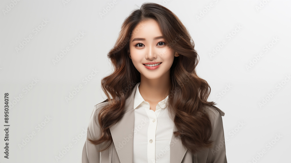 Medium shot of a beautiful profile picture korean woman with long hair, glowing skin, smiling, wearing a grey jacket,. Medium shot of a beautiful profile picture korean woman with long hair, glowing skin, smiling, wearing a grey jacket,.