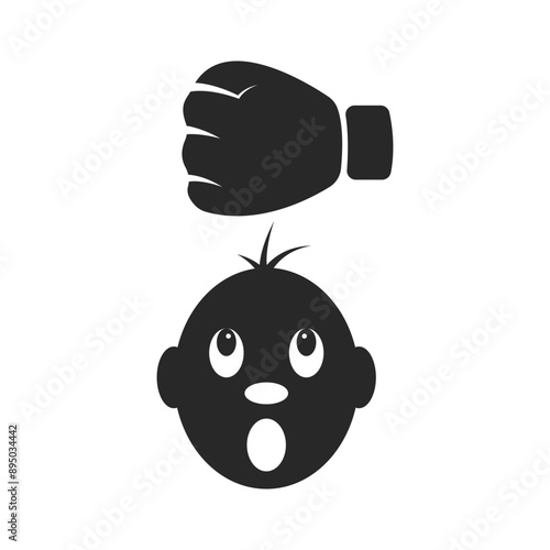 Threatening fist above a child's head, symbolizing child abuse, child bullying and the need for protection, black and white cartoon vector illustration.