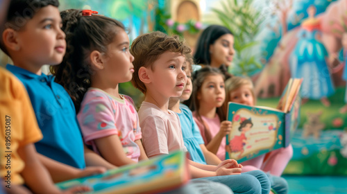 a magical scene of a group of preschool kids sitting attentively during storytime, with a teacher reading from a large fairytale book, perfect for themes of imagination, literacy,