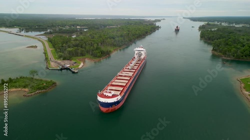 Aerial view of large shipping freighters in St. Mary's River, Sault Ste. Marie, Michigan photo