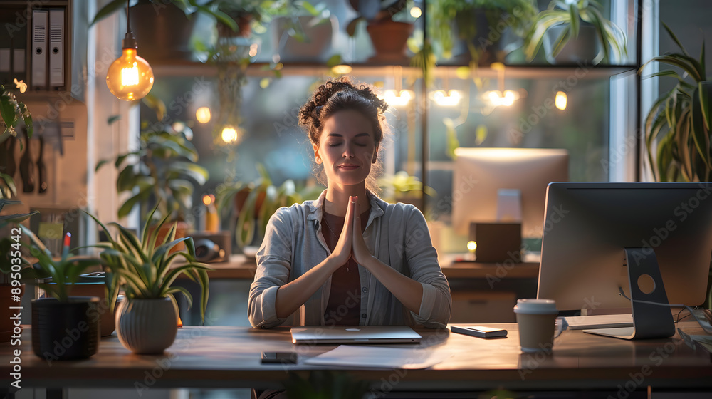 Young professional practicing yoga at work desk in modern office Young professional practicing yoga at work desk in modern office