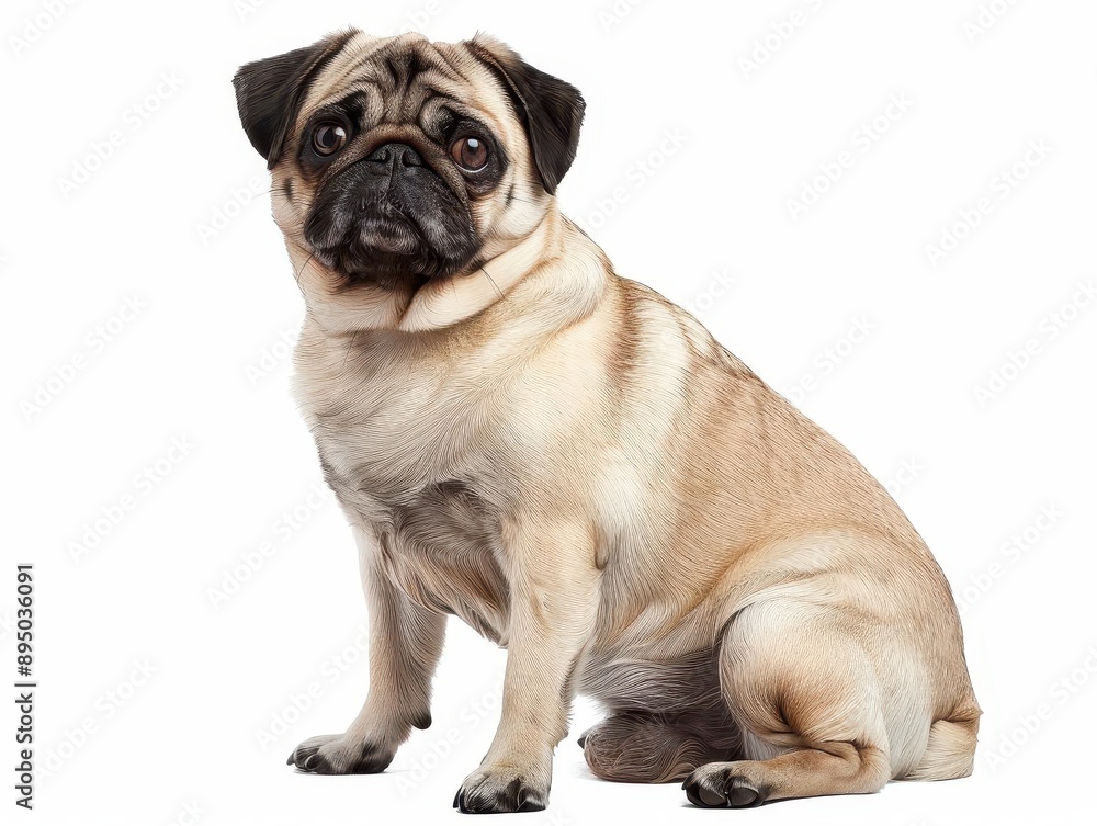 Adorable pug sitting against a white background, showcasing its distinctive wrinkled face and expressive eyes. Adorable pug sitting against a white background, showcasing its distinctive wrinkled face and expressive eyes.
