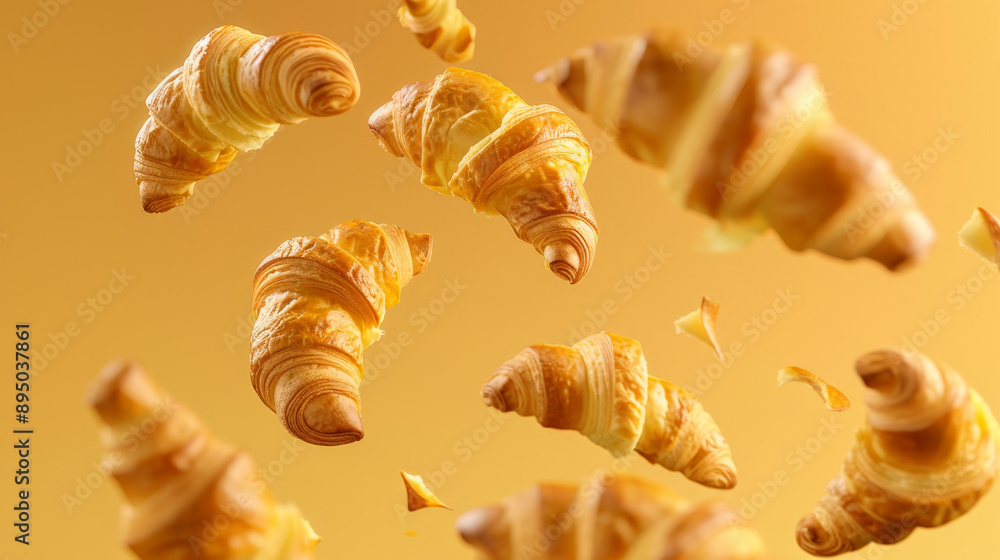 croissants falling in the sky, fresh and delicious pastry croissants falling in the sky, fresh and delicious pastry