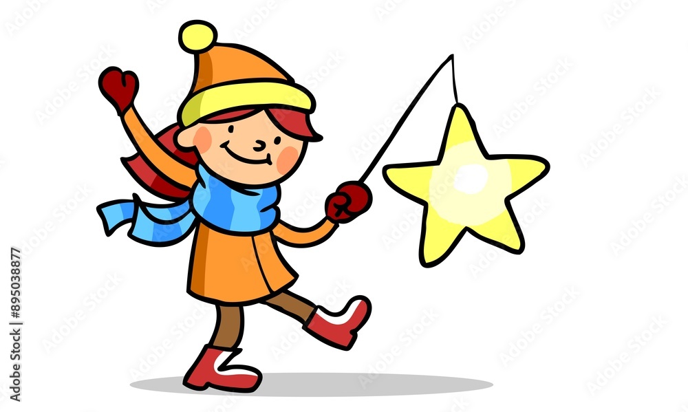 Freudiges Cartoon Mädchen mit Laterne beim Laternenumzug Freudiges Cartoon Mädchen mit Laterne beim Laternenumzug