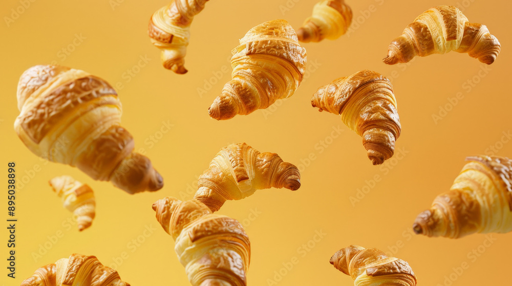 croissants falling in the sky, fresh and delicious pastry croissants falling in the sky, fresh and delicious pastry