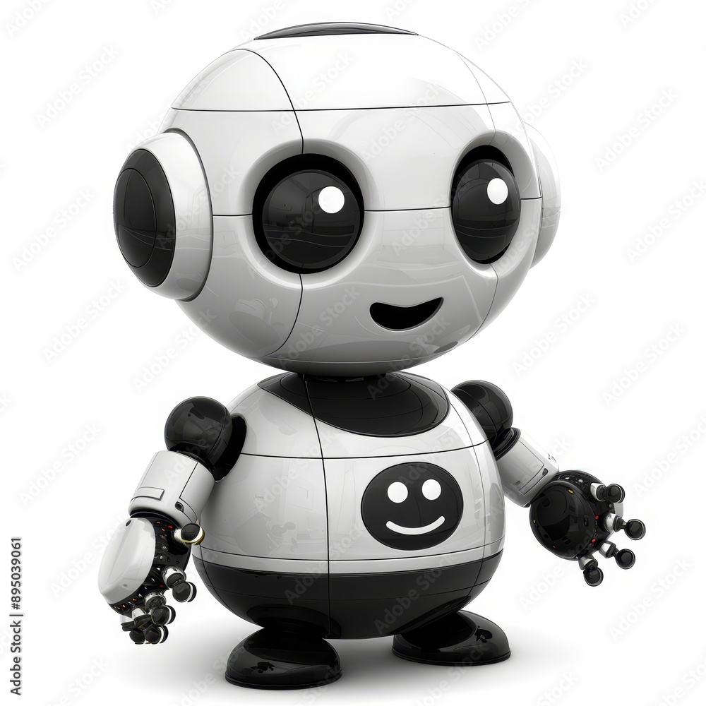 This is a cute and friendly-looking robot. It has a round head with two large eyes and a small mouth. Its body is round, with two arms and two legs. The robot is smiling and looks happy to see you This is a cute and friendly-looking robot. It has a round head with two large eyes and a small mouth. Its body is round, with two arms and two legs. The robot is smiling and looks happy to see you
