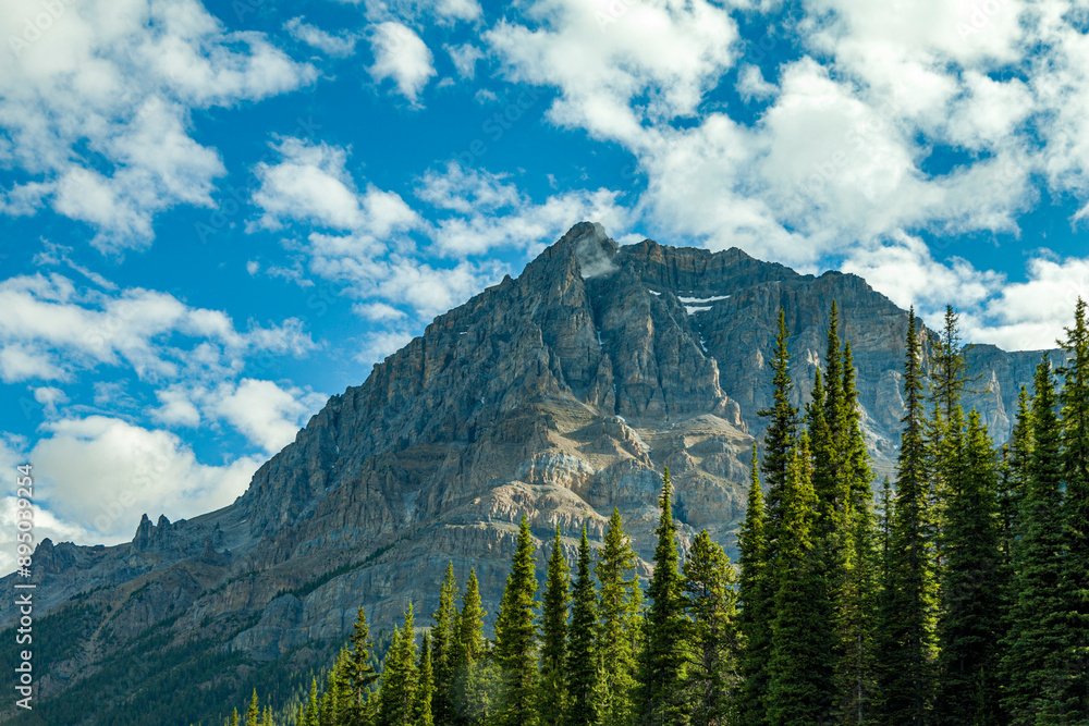 View of the rugged mountain range along the Icefields Parkway in Alberta, Canada; Alberta, Canada View of the rugged mountain range along the Icefields Parkway in Alberta, Canada; Alberta, Canada