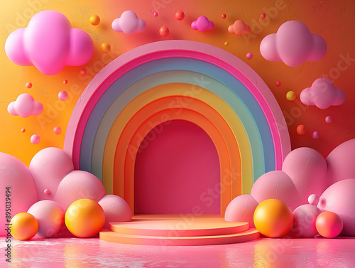 Rainbow podium background pride 3D product lgbtq display platform circle room pedestal. Background podium perspective presentation floor stand rainbow scene geometric white abstract soft orange toy.