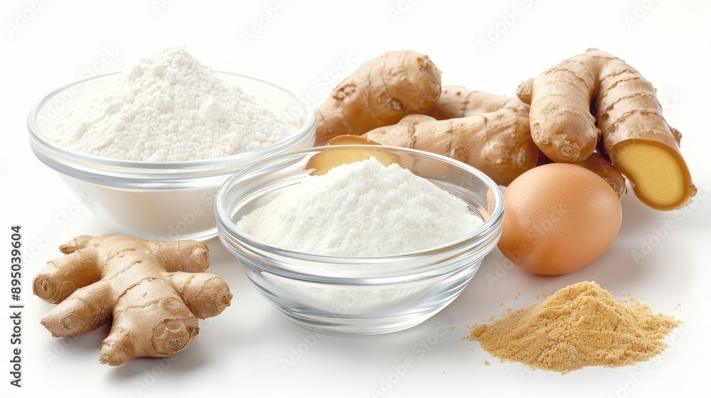 A bowl of powdered sugar is next to a bowl of ginger A bowl of powdered sugar is next to a bowl of ginger
