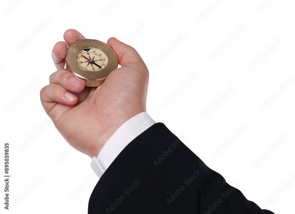 Man holding compass on white background, closeup Man holding compass on white background, closeup