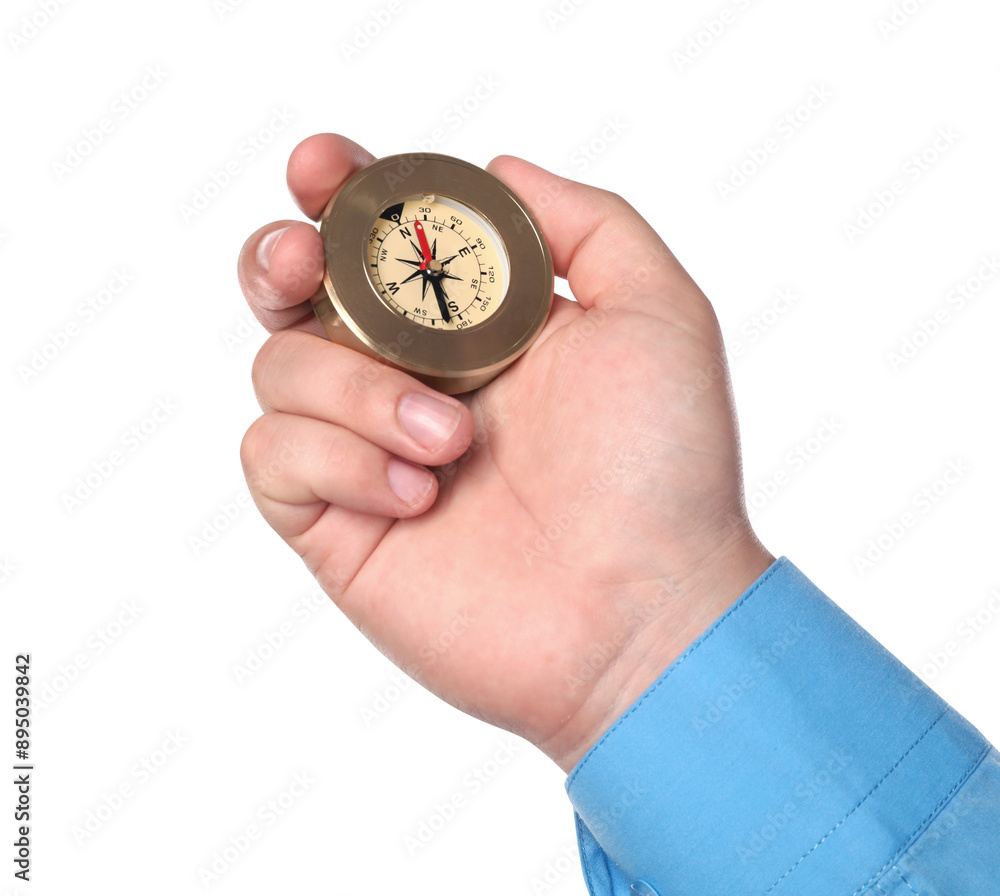 Man holding compass on white background, closeup Man holding compass on white background, closeup