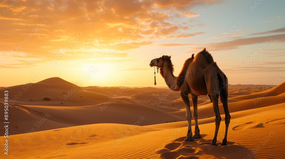 Majestic Camel Strolling Over Sunlit Desert Sand Majestic Camel Strolling Over Sunlit Desert Sand