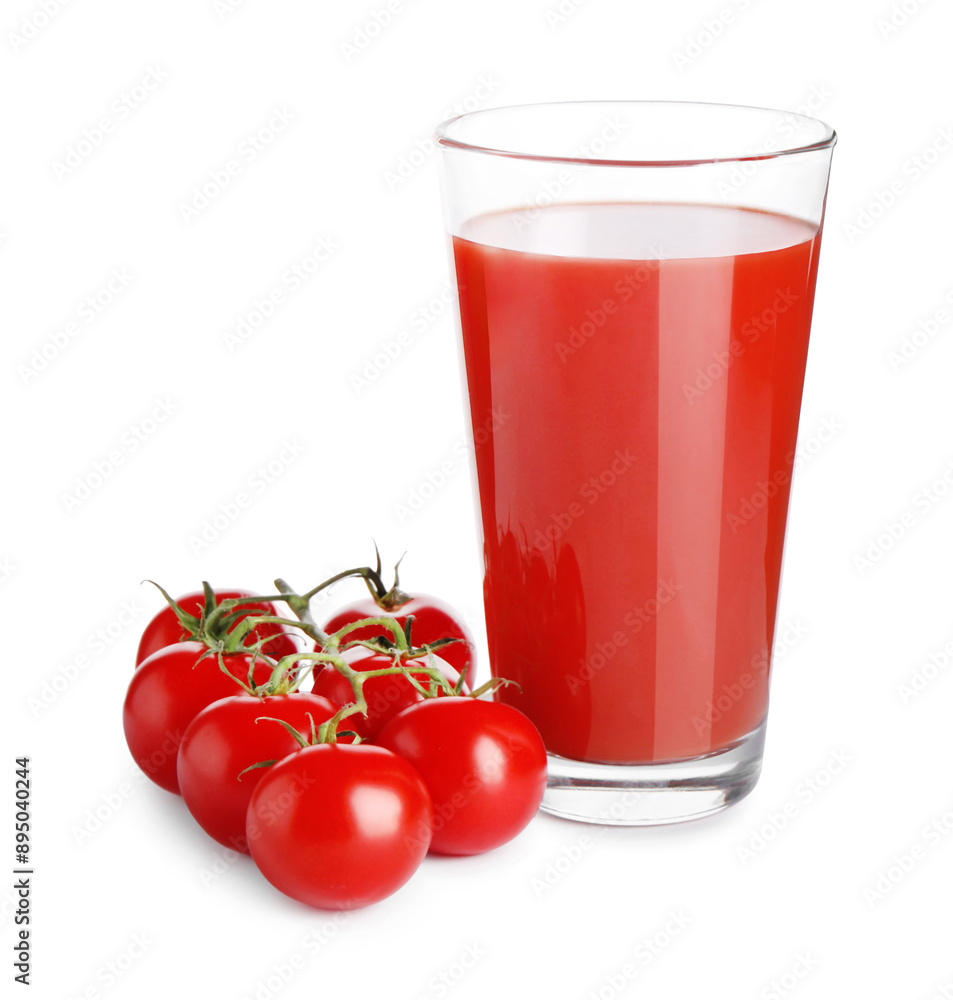 Tasty tomato juice in glass and fresh vegetables isolated on white Tasty tomato juice in glass and fresh vegetables isolated on white