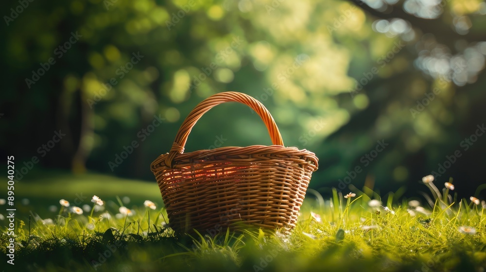 Wicker Basket Resting on Lush Green Grass Wicker Basket Resting on Lush Green Grass